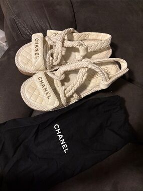 CHANEL Cream Quilted Rope Espadrille Sandals - Women